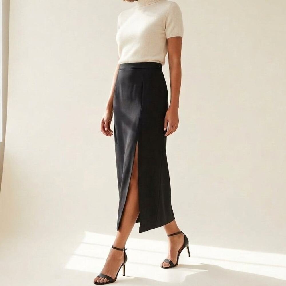 VTG TALBOTS 100% Wool Front Slit Black Midi Skirt SZ 14